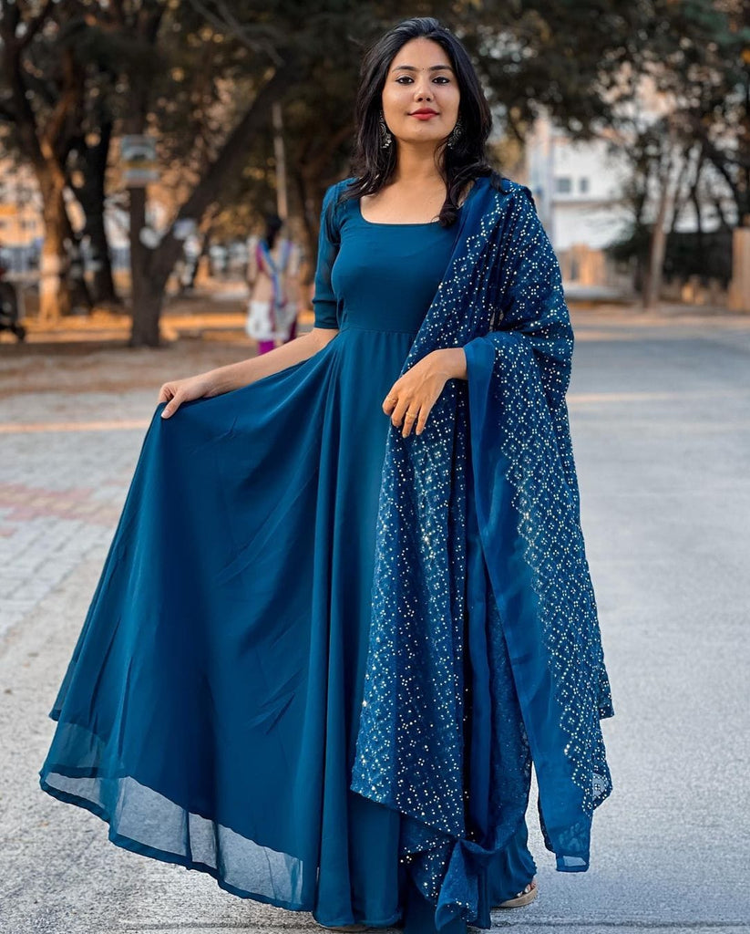 Embroidered Art Silk Jacket Style Gown in Mustard and Blue : TCH37